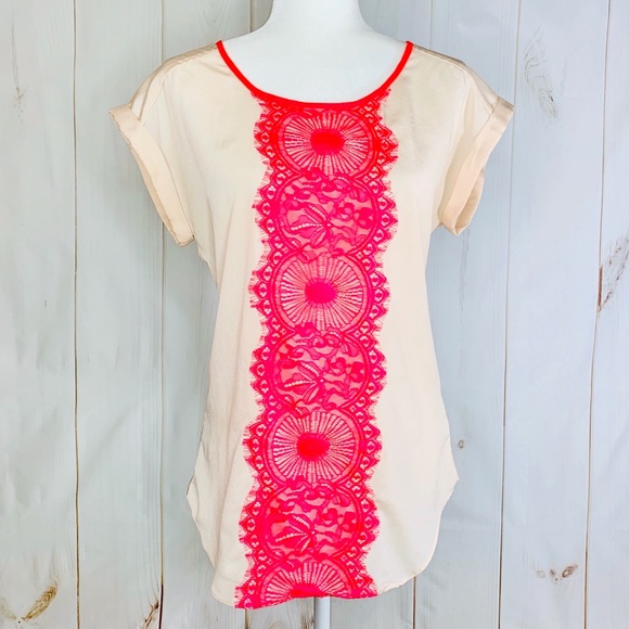 Express Tops - Express • Hot Pink & Cream Lace Rolled Sleeve Top